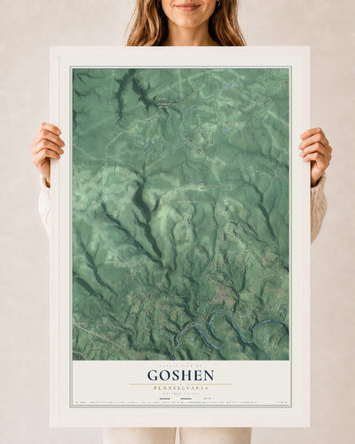 Map of Goshen, Pennsylvania, 24 x 36 inch print in a white wood frame