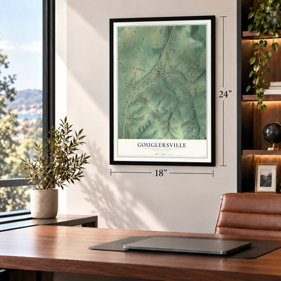 Gouglersville, Pennsylvania map, 18 x 24 inch print in a black frame in a home office