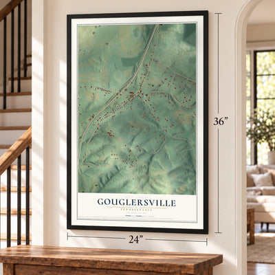 Gouglersville, Pennsylvania map, 24 x 36 inch print in a black frame by a staircase