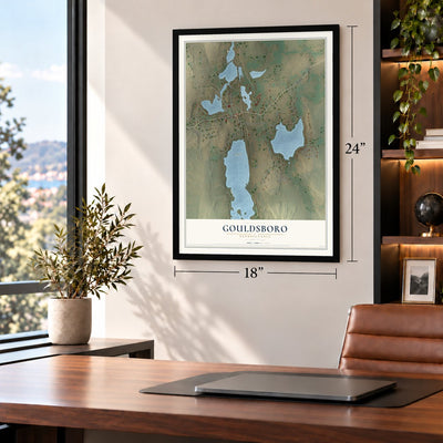 Gouldsboro, Pennsylvania map, 18 x 24 inch print in a black frame in a home office