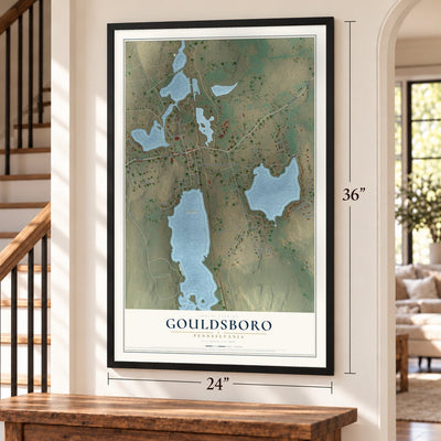Gouldsboro, Pennsylvania map, 24 x 36 inch print in a black frame by a staircase