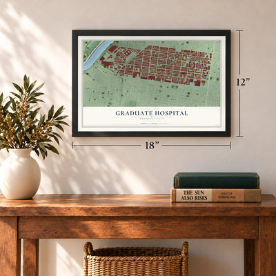 Graduate Hospital, Pennsylvania map, 12 x 18 inch print in a black frame in an entryway