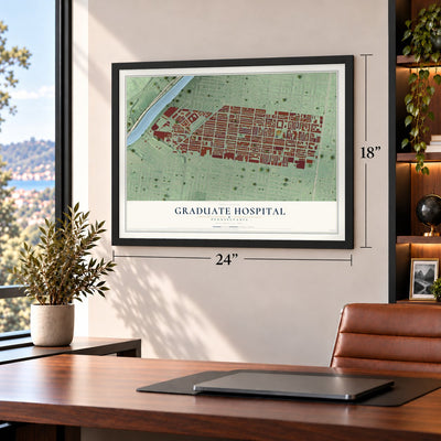 Graduate Hospital, Pennsylvania map, 18 x 24 inch print in a black frame in a home office