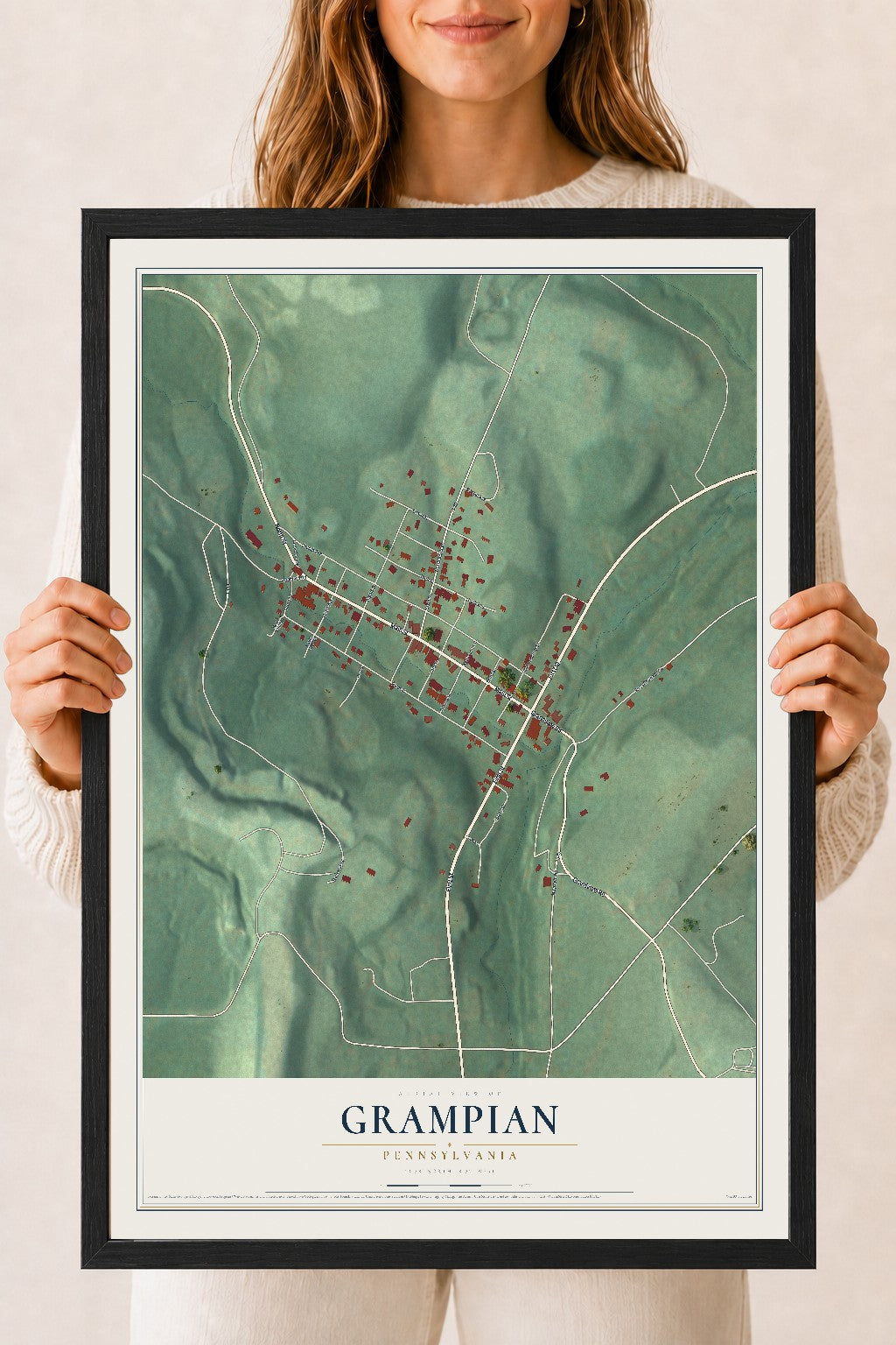 Map of Grampian, Pennsylvania, 18 x 24 inch print in a black wood frame