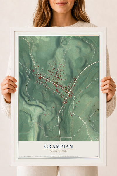 Map of Grampian, Pennsylvania, 18 x 24 inch print in a white wood frame