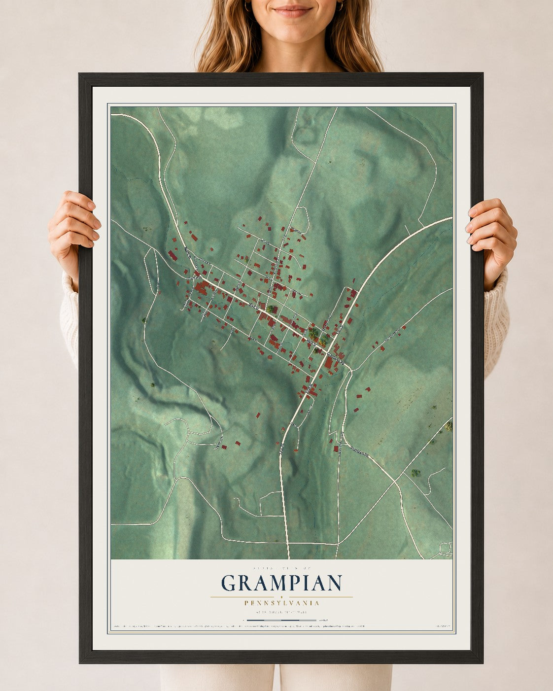 Map of Grampian, Pennsylvania, 24 x 36 inch print in a black wood frame