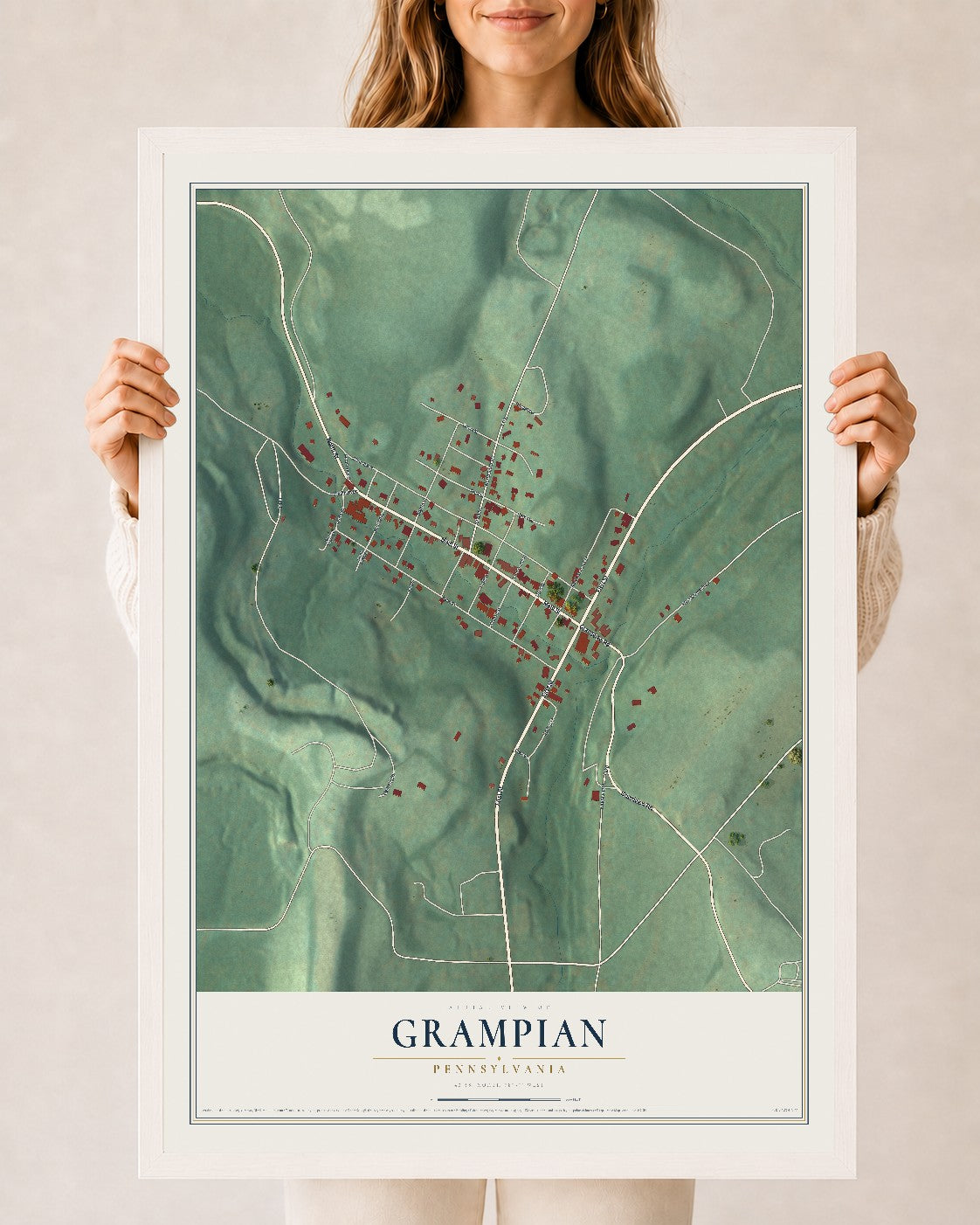 Map of Grampian, Pennsylvania, 24 x 36 inch print in a white wood frame