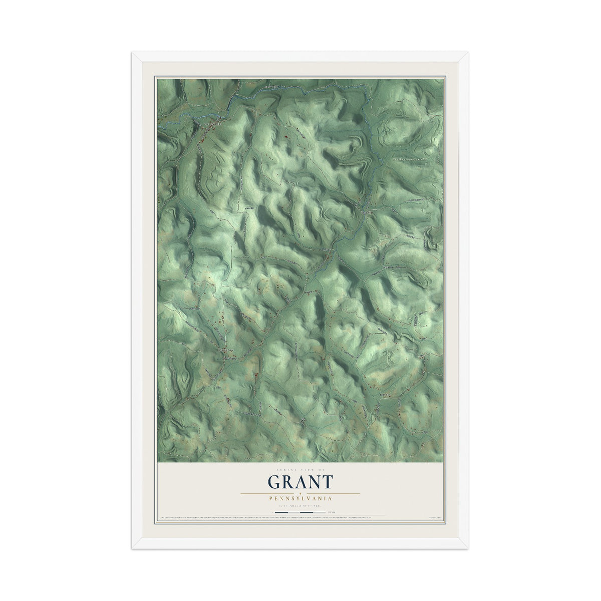 Map of Grant, Pennsylvania, 12 x 18 inch print in a white wood frame