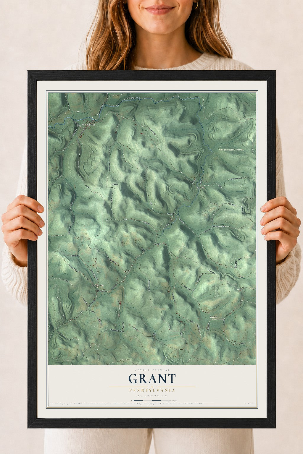 Map of Grant, Pennsylvania, 18 x 24 inch print in a black wood frame