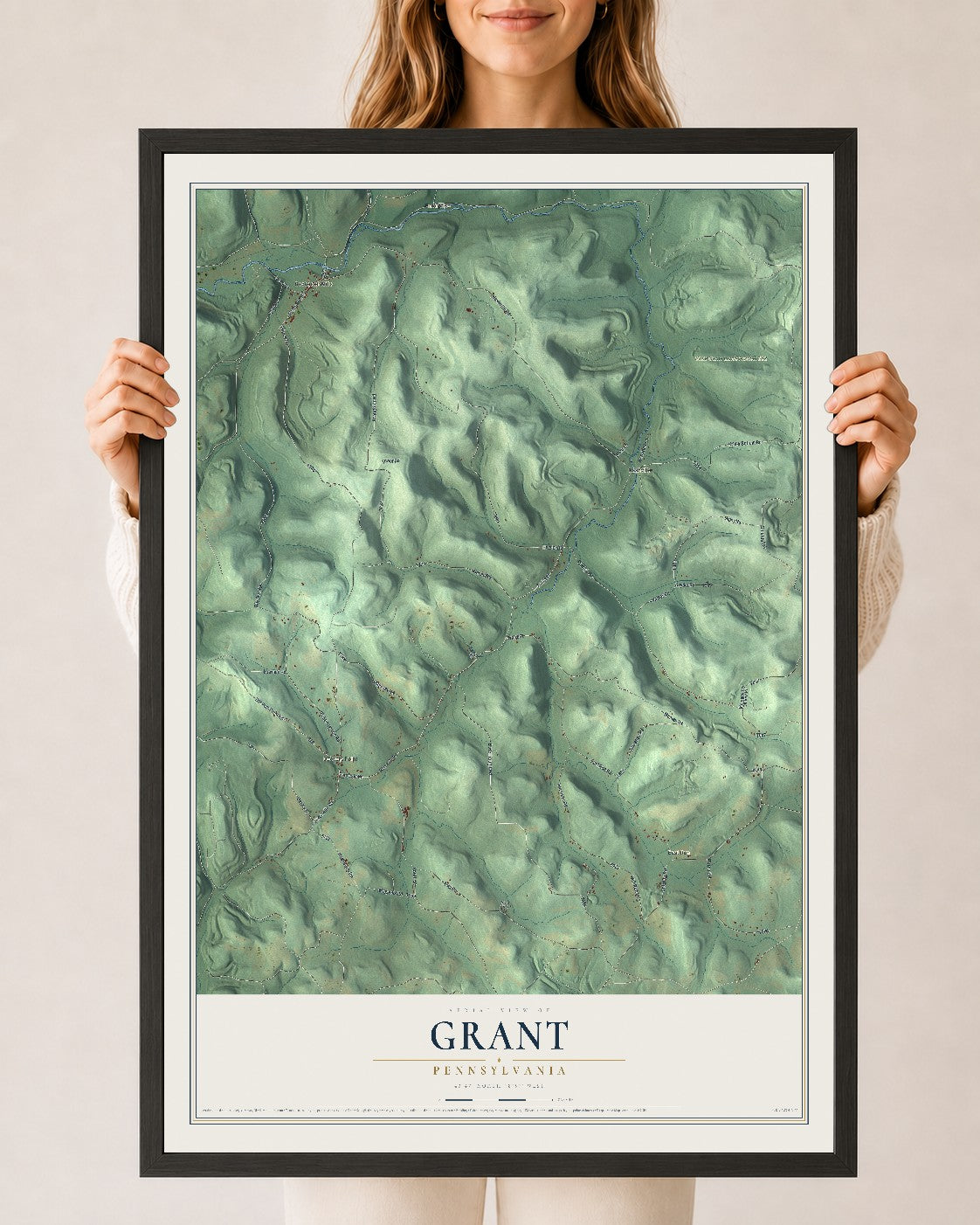 Map of Grant, Pennsylvania, 24 x 36 inch print in a black wood frame