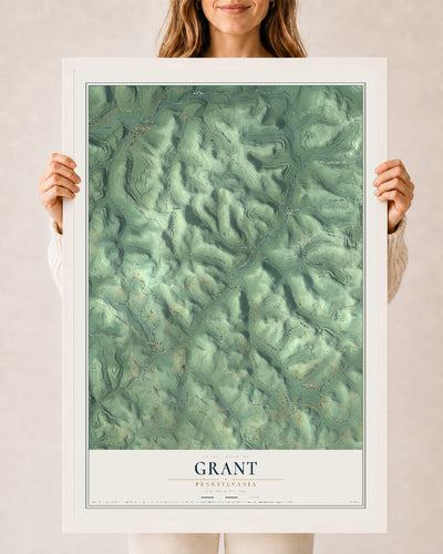 Map of Grant, Pennsylvania, 24 x 36 inch print in a white wood frame