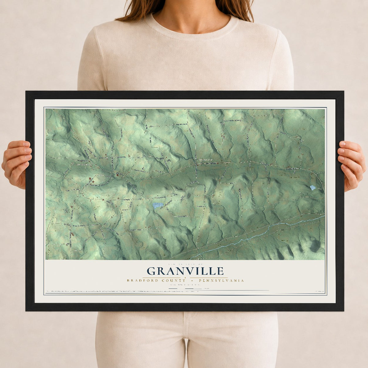 Map of Granville, Bradford County, Pennsylvania, 12 x 18 inch print in a black wood frame
