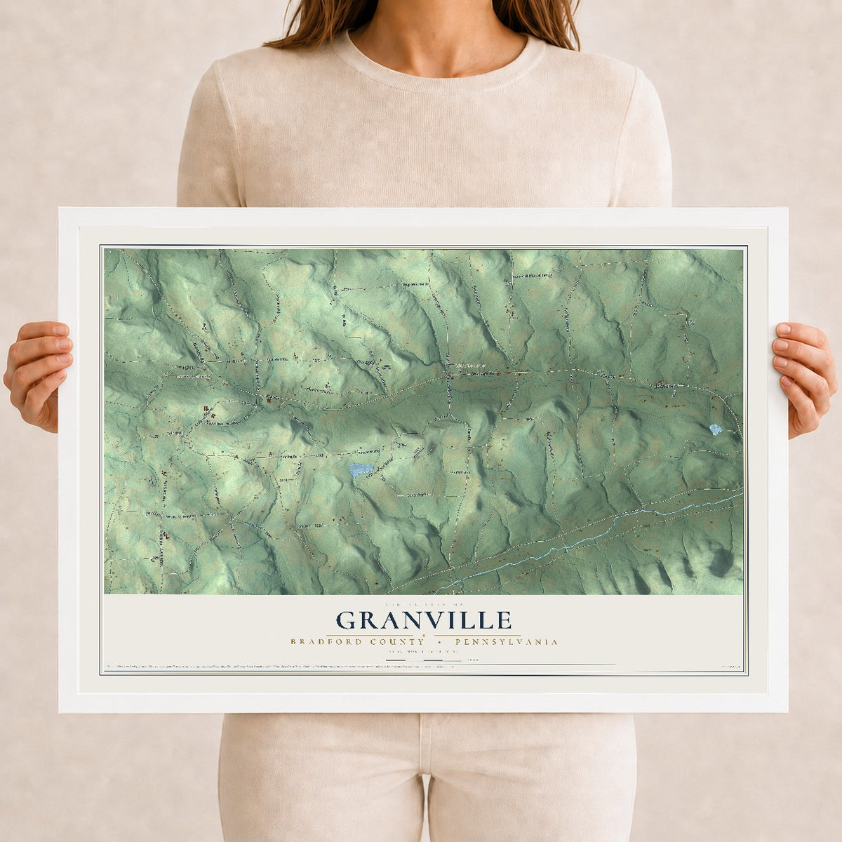 Map of Granville, Bradford County, Pennsylvania, 12 x 18 inch print in a white wood frame