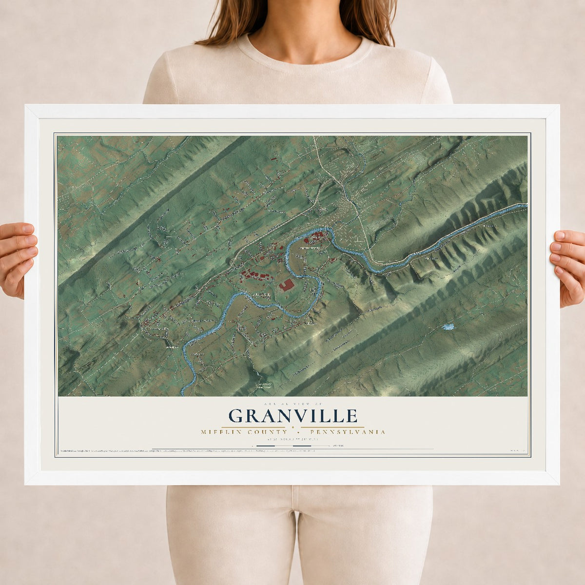 Map of Granville, Mifflin County, Pennsylvania, 18 x 24 inch print in a white wood frame