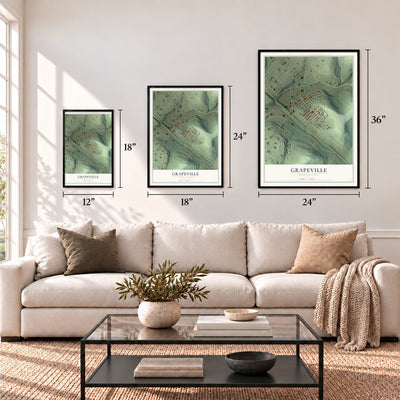 Grapeville, Pennsylvania map in 12 x 18, 18 x 24 and 24 x 36 inch sizes above a sofa