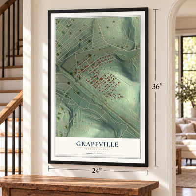 Grapeville, Pennsylvania map, 24 x 36 inch print in a black frame by a staircase