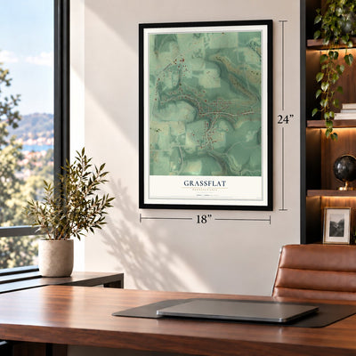 Grassflat, Pennsylvania map, 18 x 24 inch print in a black frame in a home office