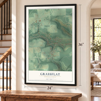Grassflat, Pennsylvania map, 24 x 36 inch print in a black frame by a staircase
