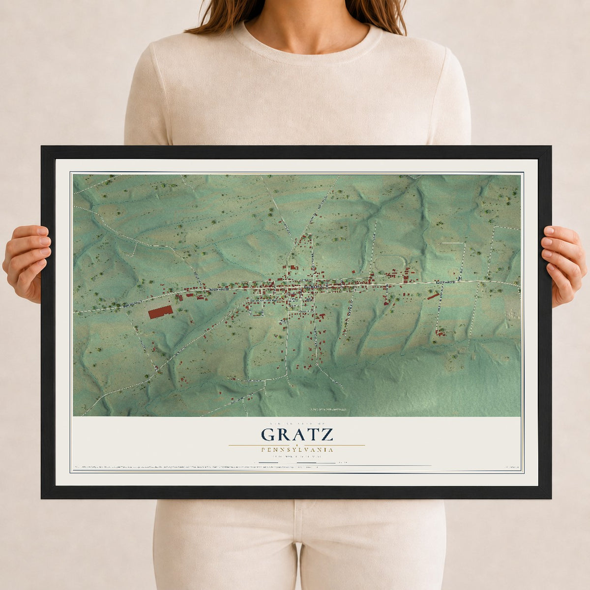 Map of Gratz, Pennsylvania, 12 x 18 inch print in a black wood frame