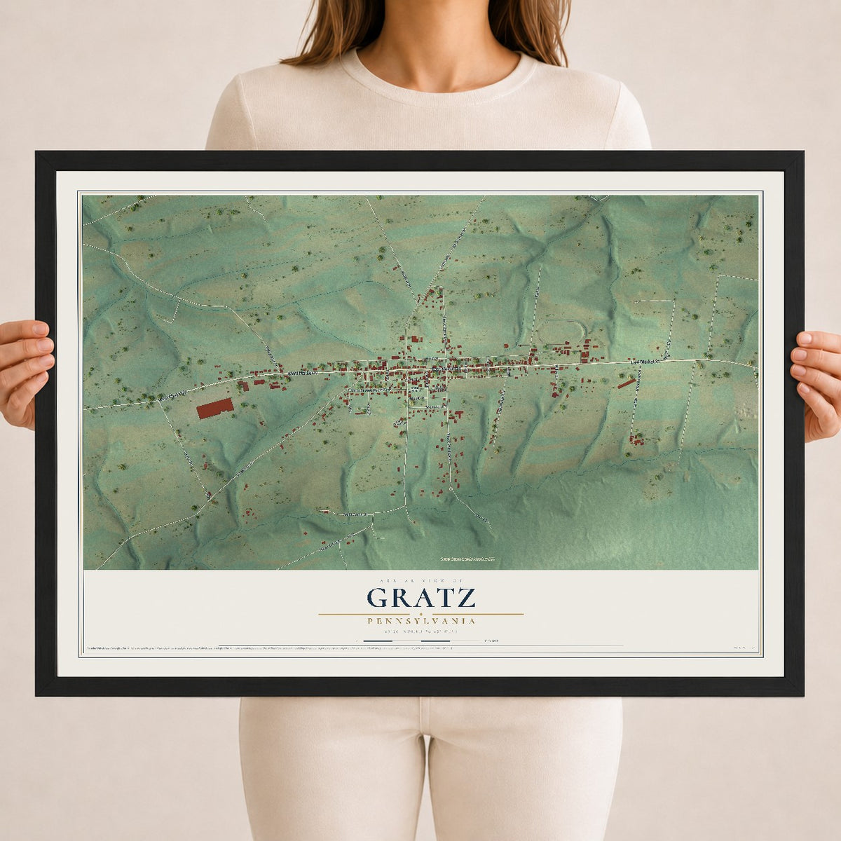 Map of Gratz, Pennsylvania, 18 x 24 inch print in a black wood frame