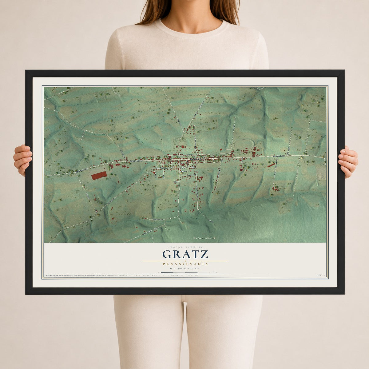 Map of Gratz, Pennsylvania, 24 x 36 inch print in a black wood frame