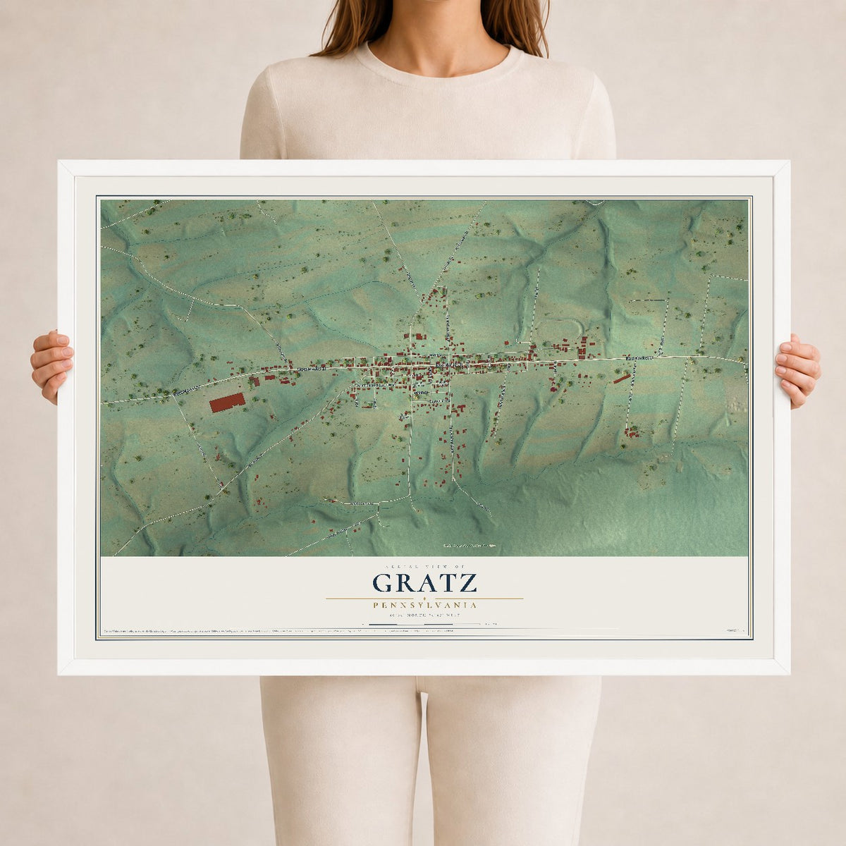 Map of Gratz, Pennsylvania, 24 x 36 inch print in a white wood frame