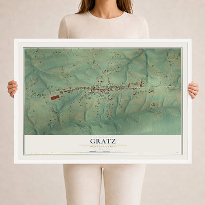 Map of Gratz, Pennsylvania, 24 x 36 inch print in a white wood frame