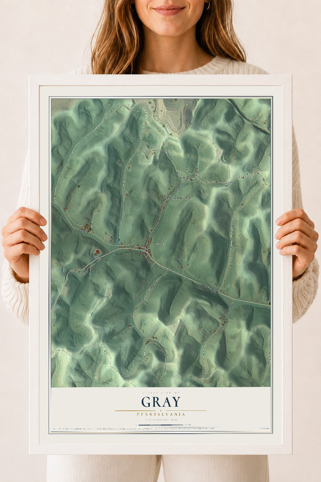 Map of Gray, Pennsylvania, 18 x 24 inch print in a white wood frame