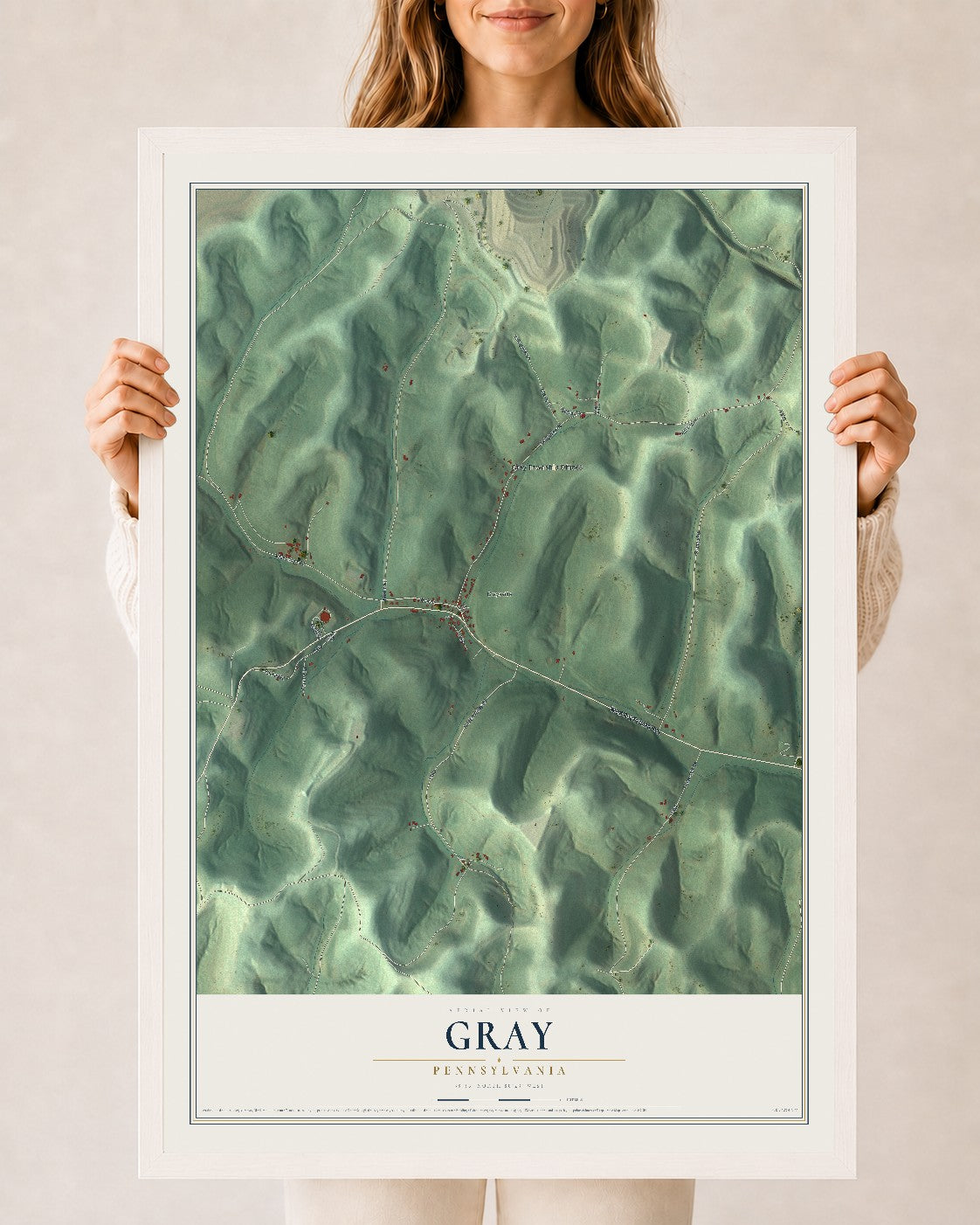 Map of Gray, Pennsylvania, 24 x 36 inch print in a white wood frame