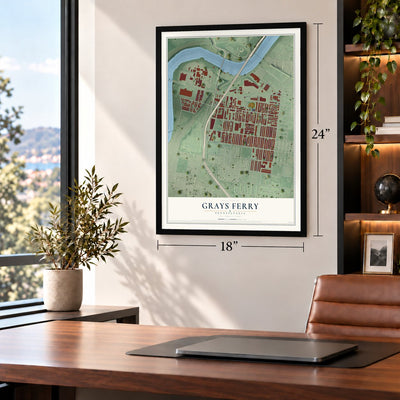 Grays Ferry, Pennsylvania map, 18 x 24 inch print in a black frame in a home office