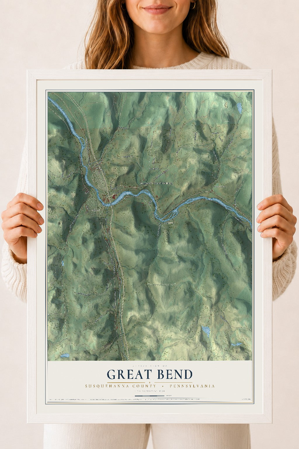 Map of Great Bend, Susquehanna County, Pennsylvania, 18 x 24 inch print in a white wood frame