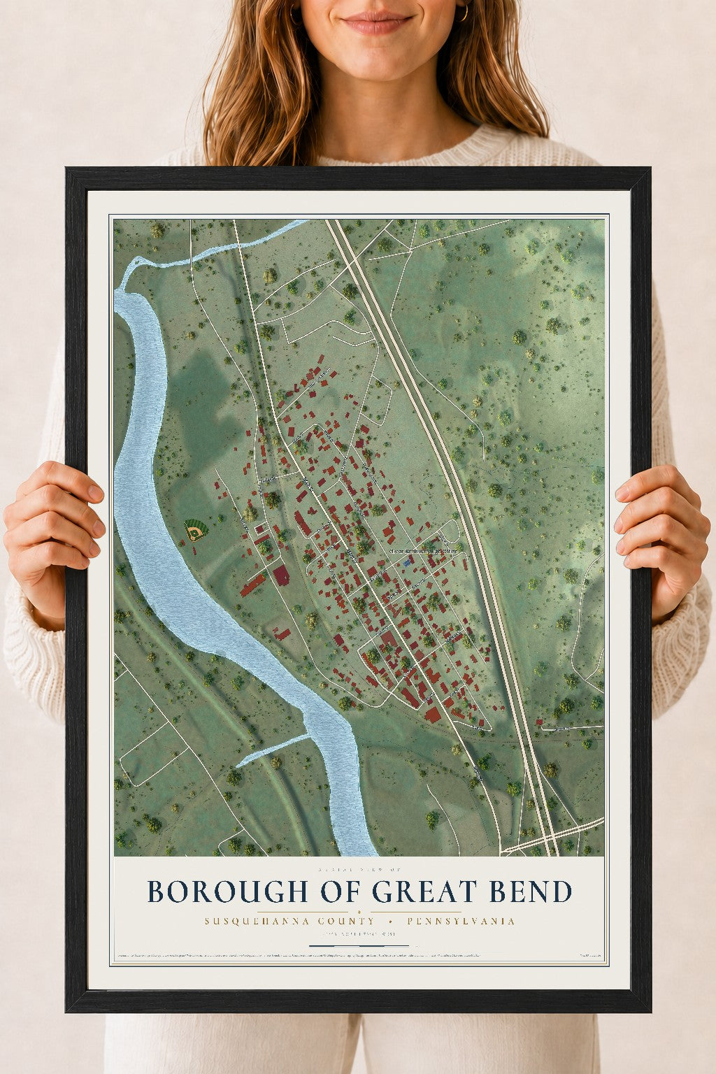 Map of the Borough of Great Bend, Susquehanna County, Pennsylvania, 18 x 24 inch print in a black wood frame