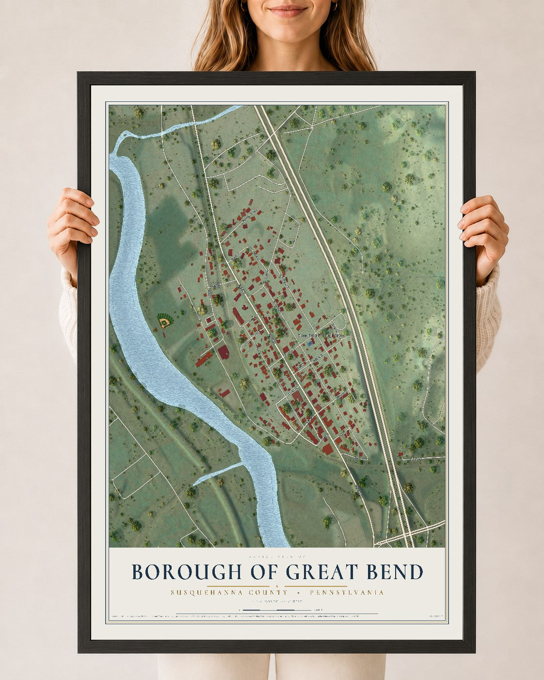 Map of the Borough of Great Bend, Susquehanna County, Pennsylvania, 24 x 36 inch print in a black wood frame