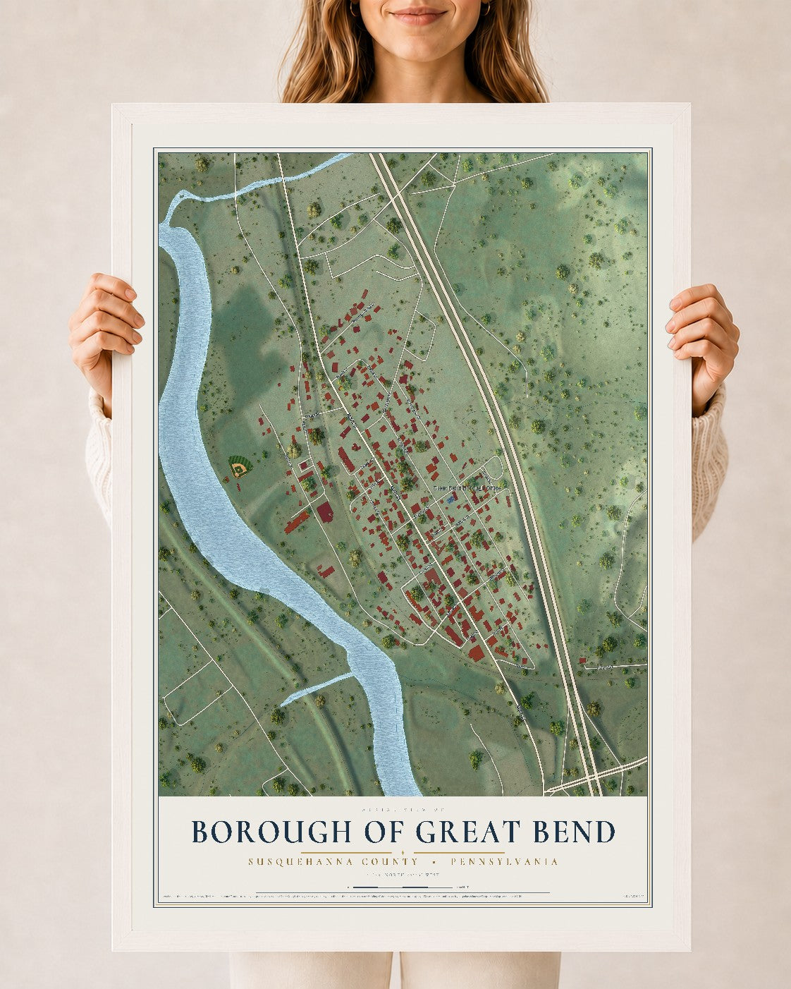 Map of the Borough of Great Bend, Susquehanna County, Pennsylvania, 24 x 36 inch print in a white wood frame