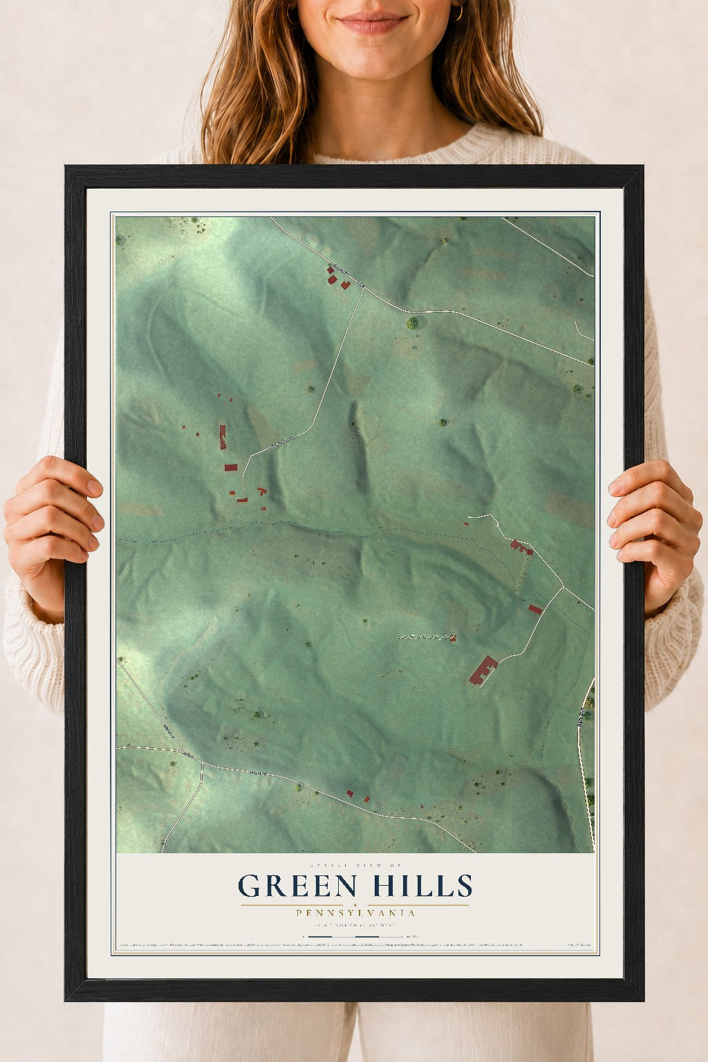 Map of Green Hills, Pennsylvania, 18 x 24 inch print in a black wood frame