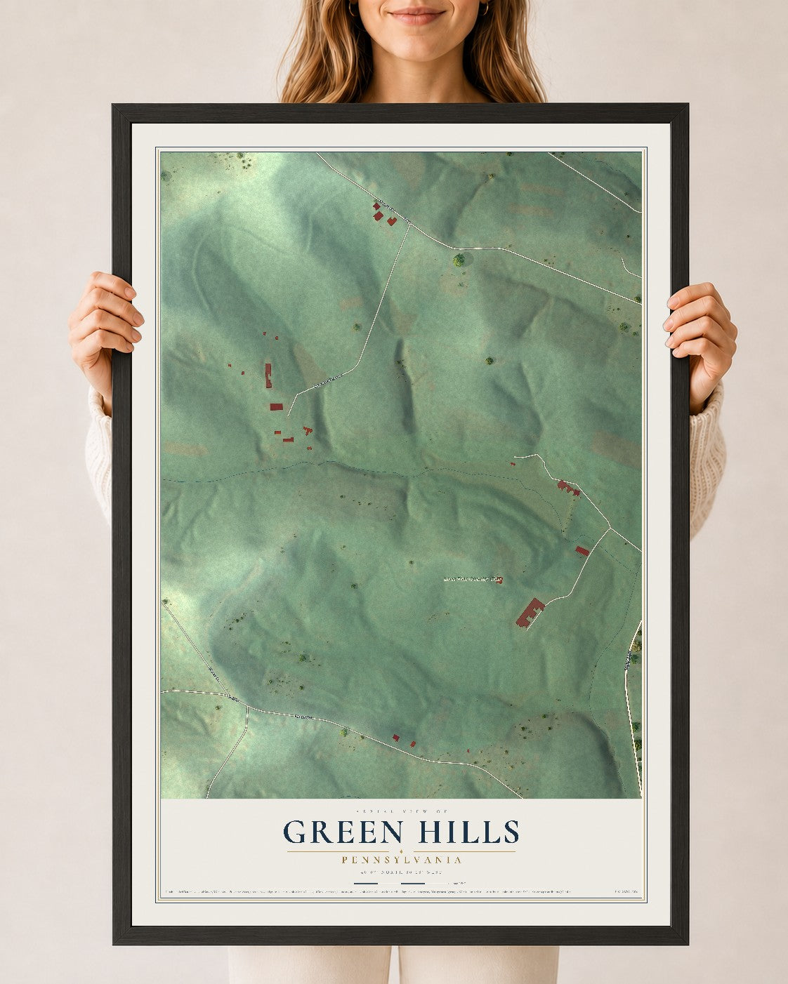 Map of Green Hills, Pennsylvania, 24 x 36 inch print in a black wood frame