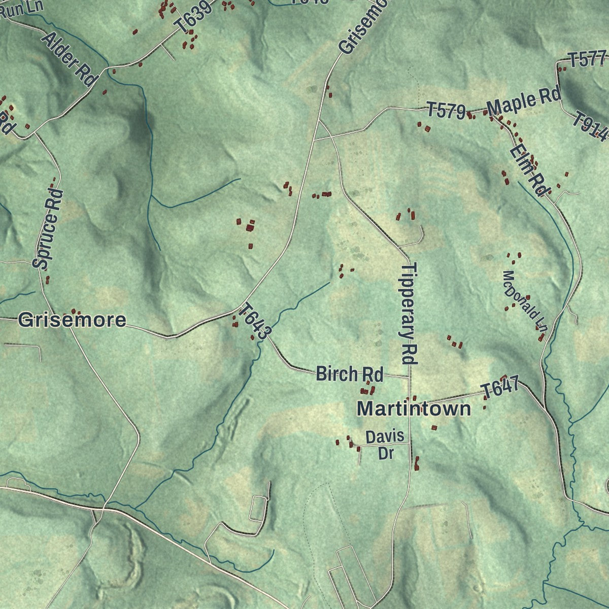 Second close-up of the map of Green, Indiana County, Pennsylvania print showing more streets and buildings