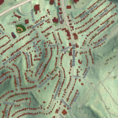 Close-up of the map of Green Tree, Pennsylvania print showing street and building detail