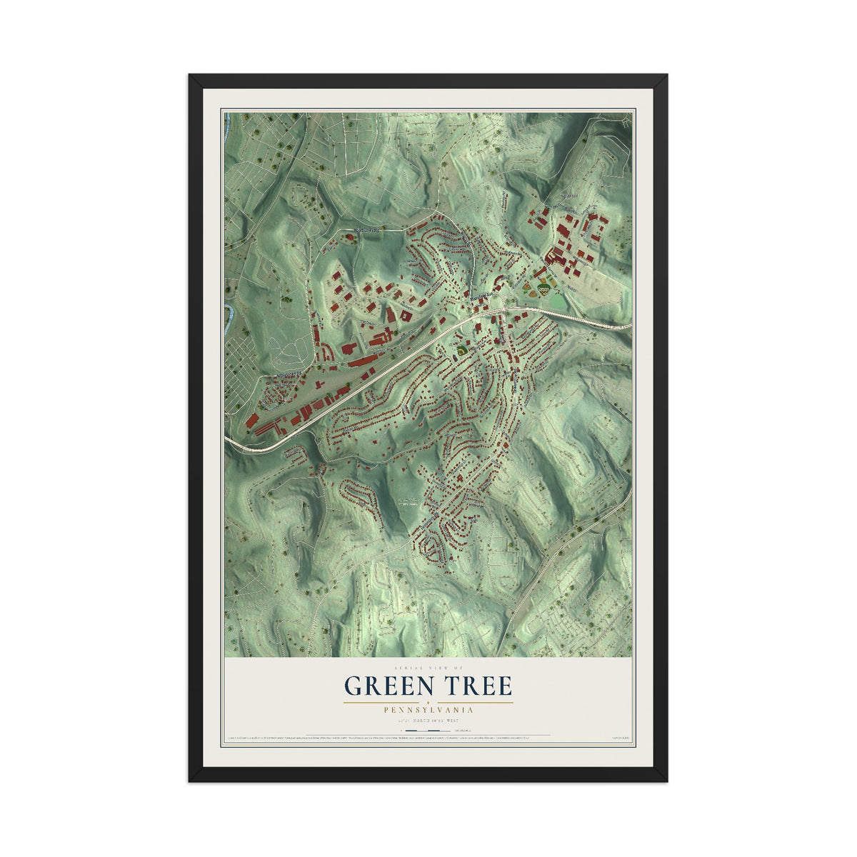Map of Green Tree, Pennsylvania, 12 x 18 inch print in a black wood frame