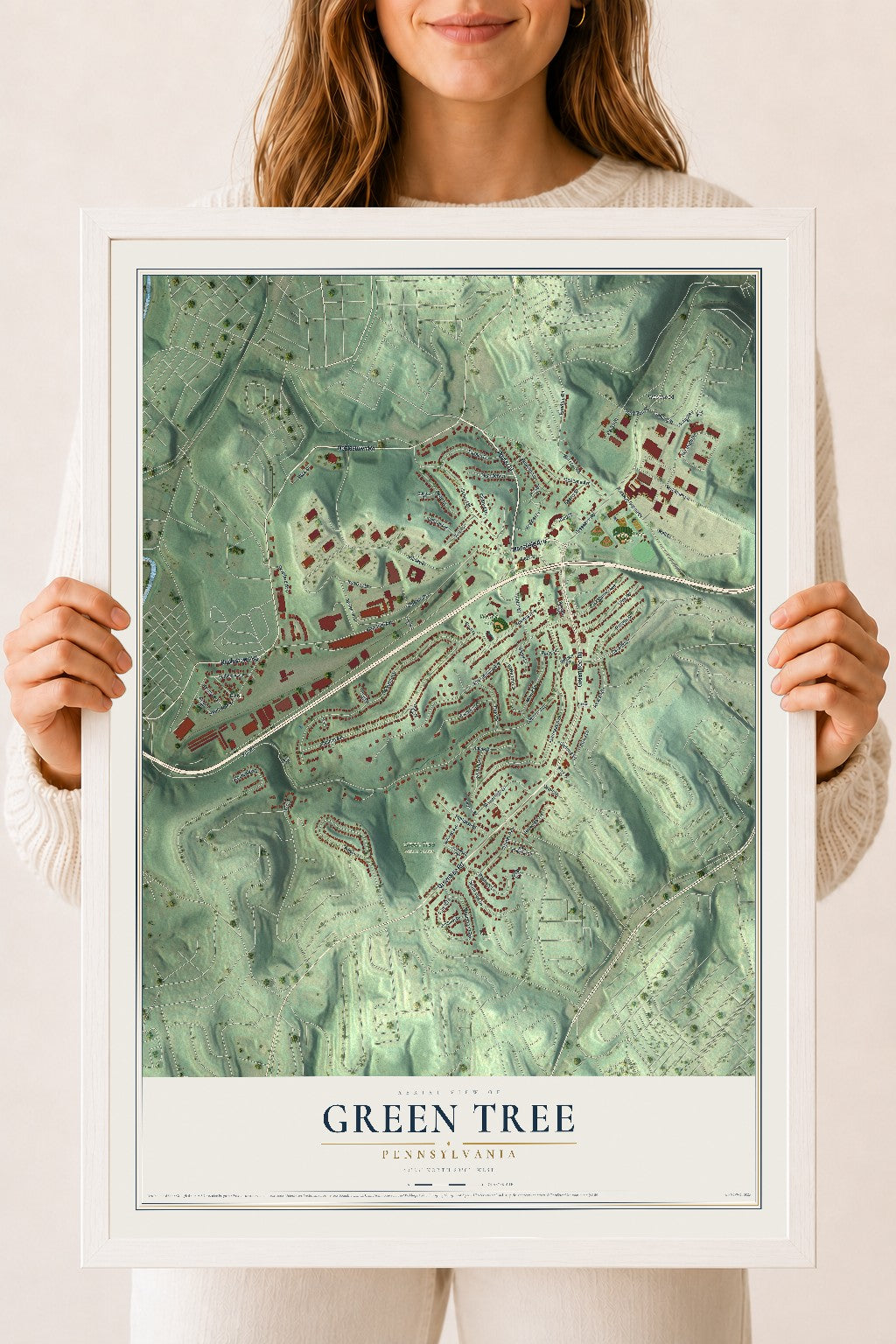 Map of Green Tree, Pennsylvania, 18 x 24 inch print in a white wood frame