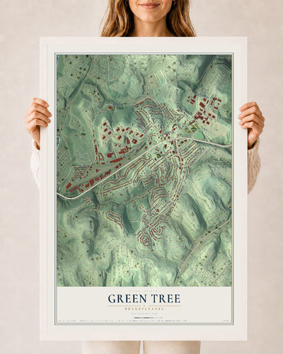 Map of Green Tree, Pennsylvania, 24 x 36 inch print in a white wood frame