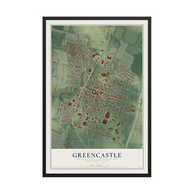 Map of Greencastle, Pennsylvania, 12 x 18 inch print in a black wood frame