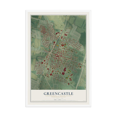 Map of Greencastle, Pennsylvania, 12 x 18 inch print in a white wood frame