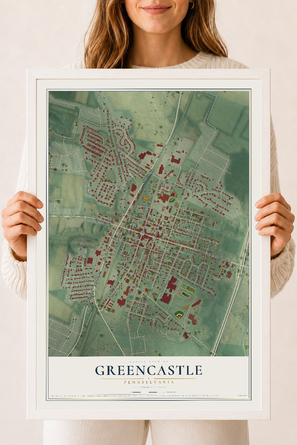 Map of Greencastle, Pennsylvania, 18 x 24 inch print in a white wood frame