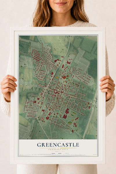 Map of Greencastle, Pennsylvania, 18 x 24 inch print in a white wood frame
