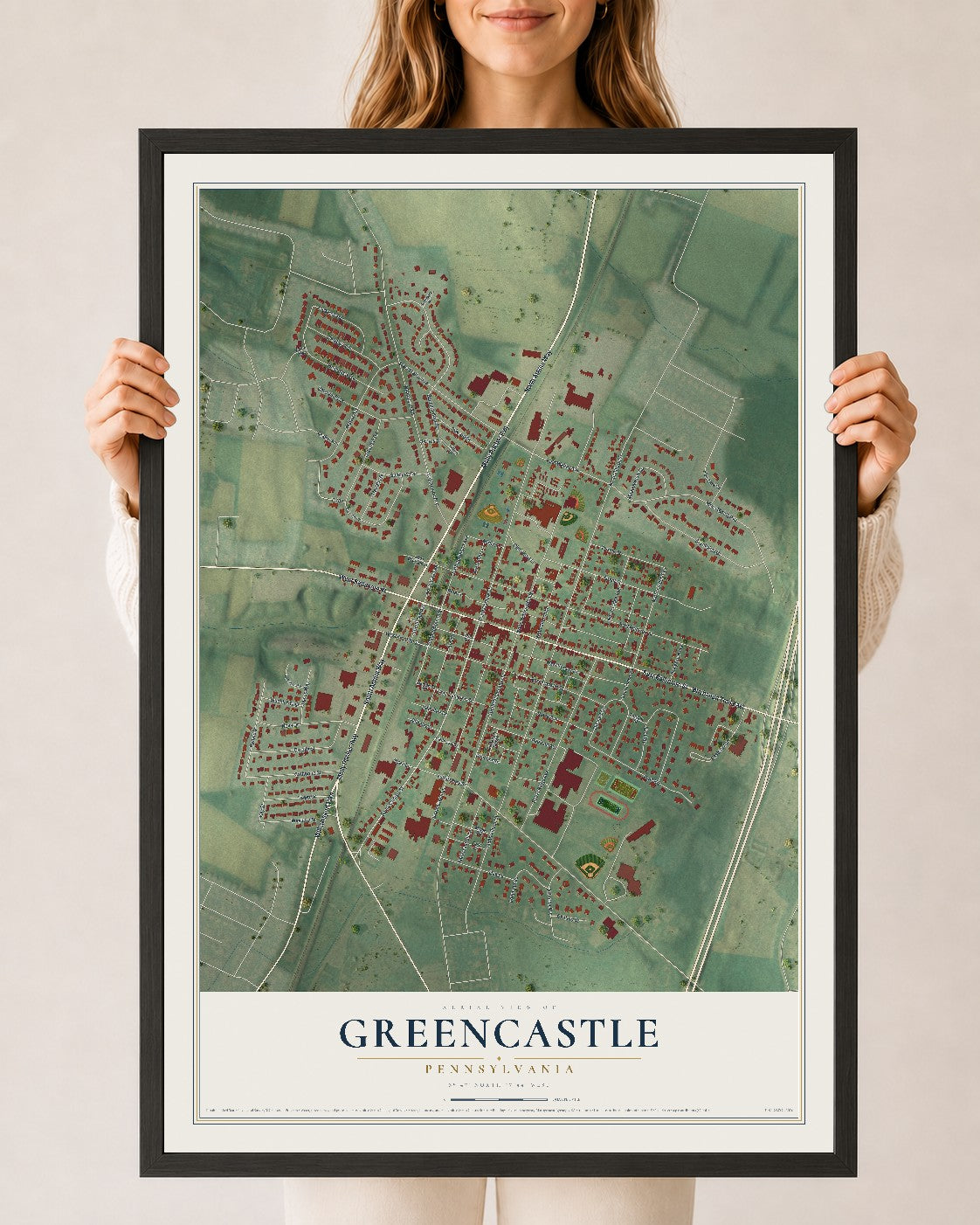 Map of Greencastle, Pennsylvania, 24 x 36 inch print in a black wood frame