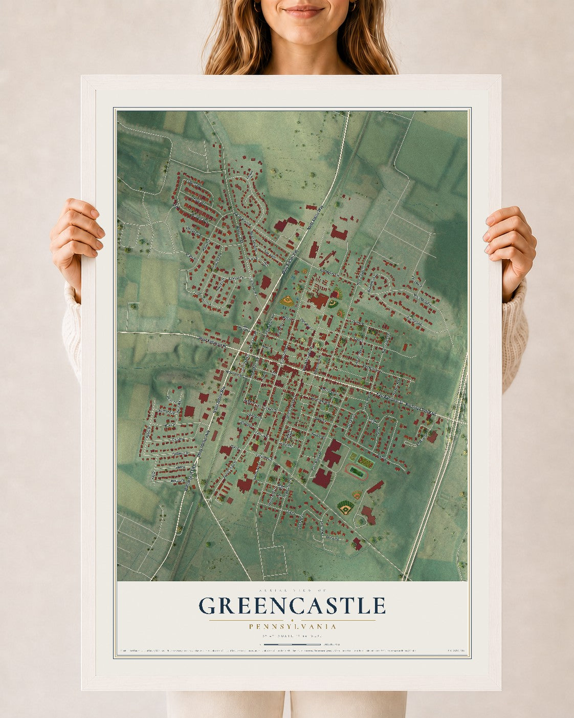 Map of Greencastle, Pennsylvania, 24 x 36 inch print in a white wood frame