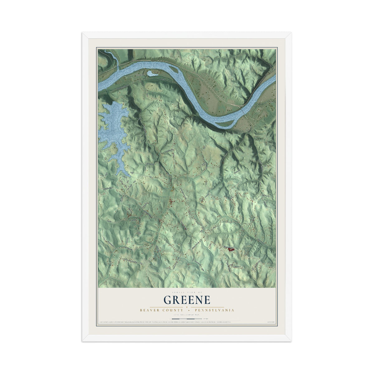 Map of Greene, Beaver County, Pennsylvania, 12 x 18 inch print in a white wood frame