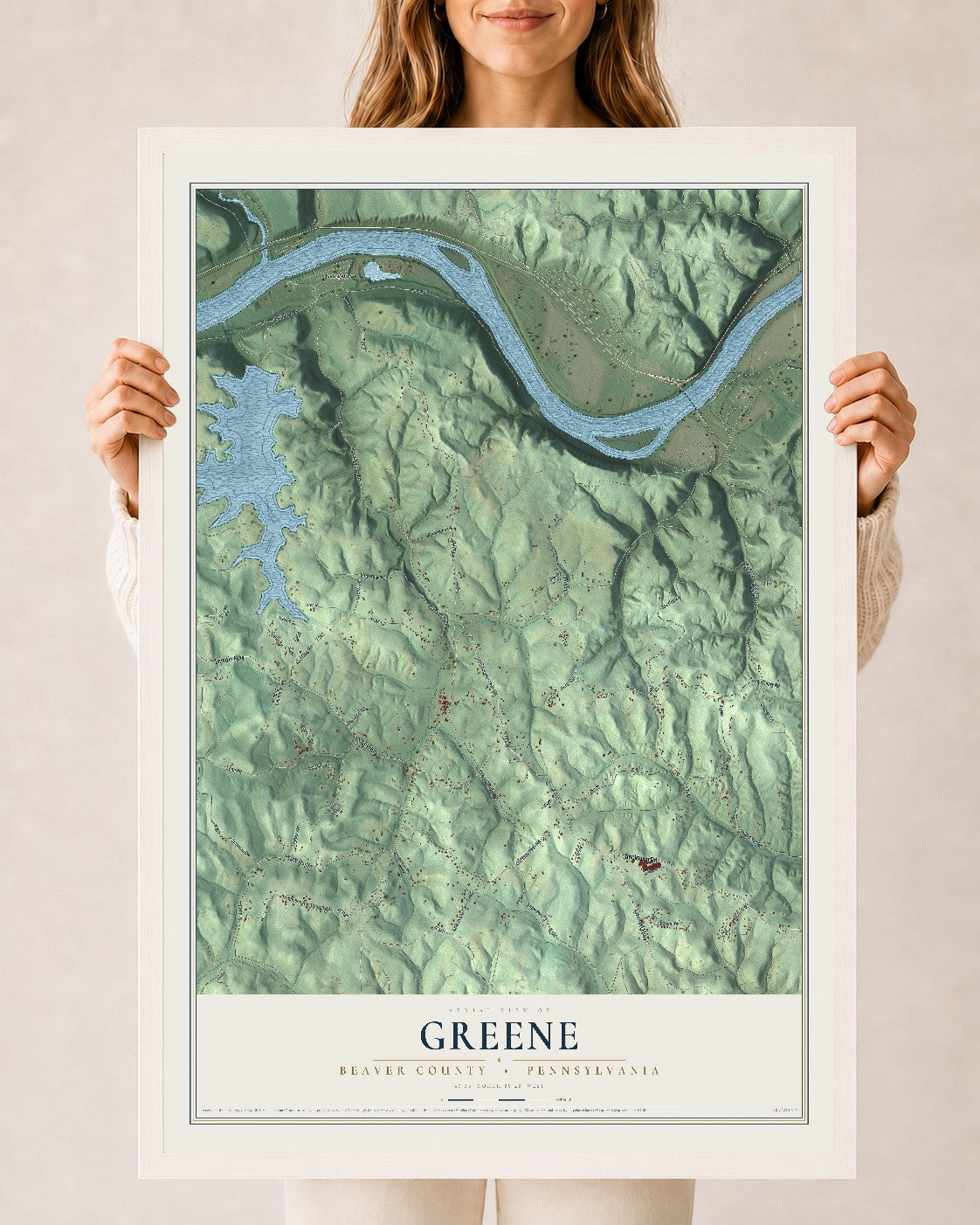 Map of Greene, Beaver County, Pennsylvania, 24 x 36 inch print in a white wood frame