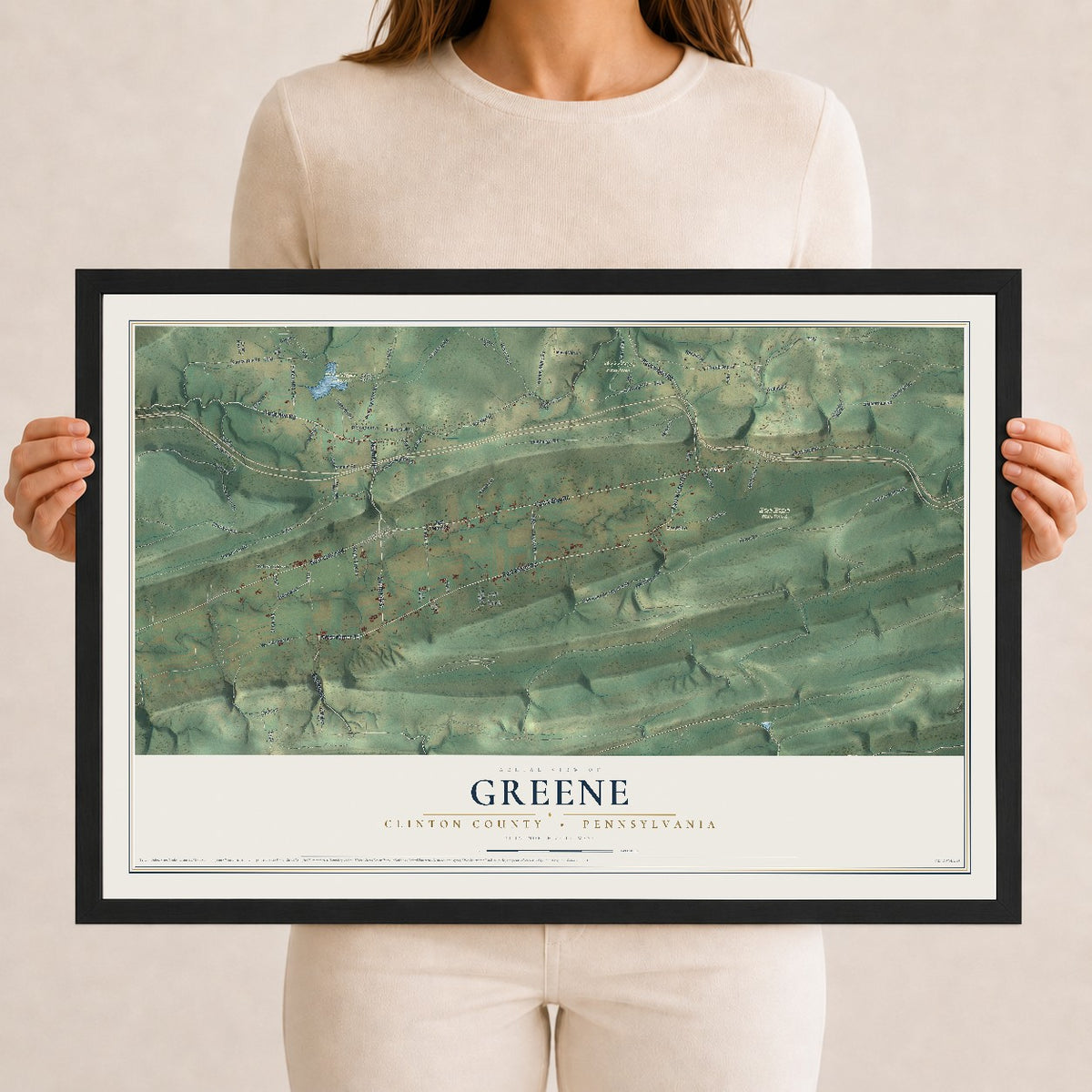 Map of Greene, Clinton County, Pennsylvania, 12 x 18 inch print in a black wood frame